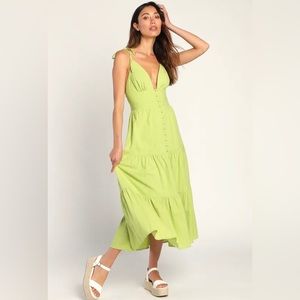 Lulus Being Beautiful Light Green Tie-Strap Tiered Midi Dress, size Large